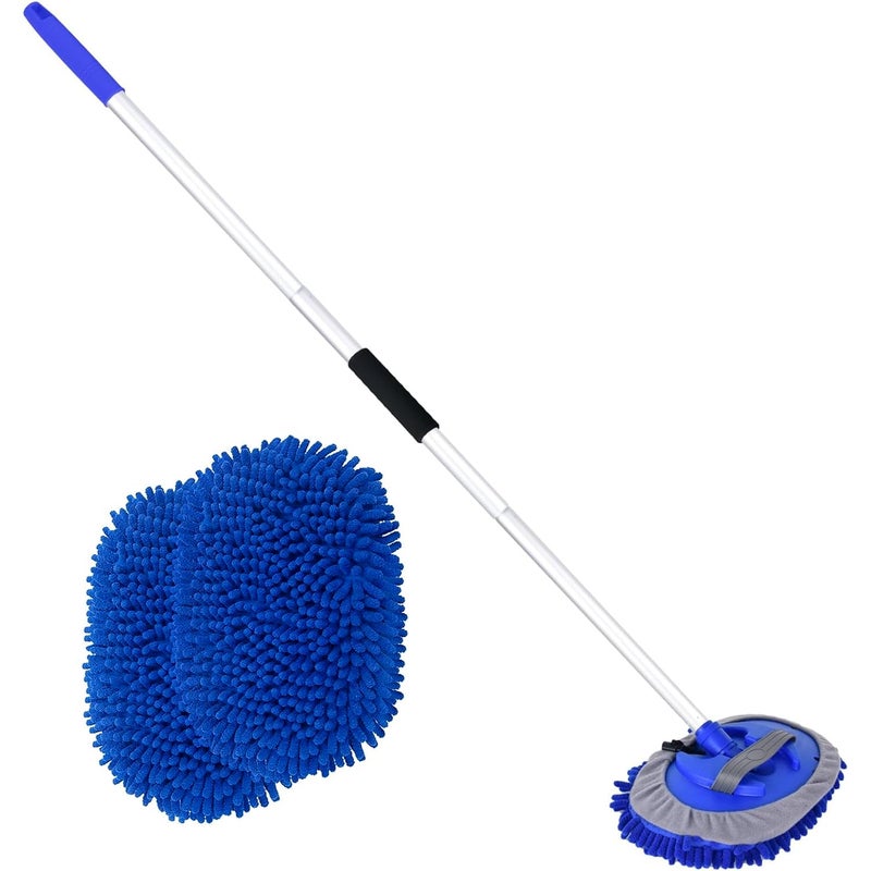 LUKCOZMO 62"" Car Wash Brush with Long Handle and Car Wash Brush Microfiber Car Cleaning Brush Kit for Car RV Truck Cleaning 1 Chenille Scratch-Free Replacement Head with Aluminum Alloy Pole (Blue) - Image 1